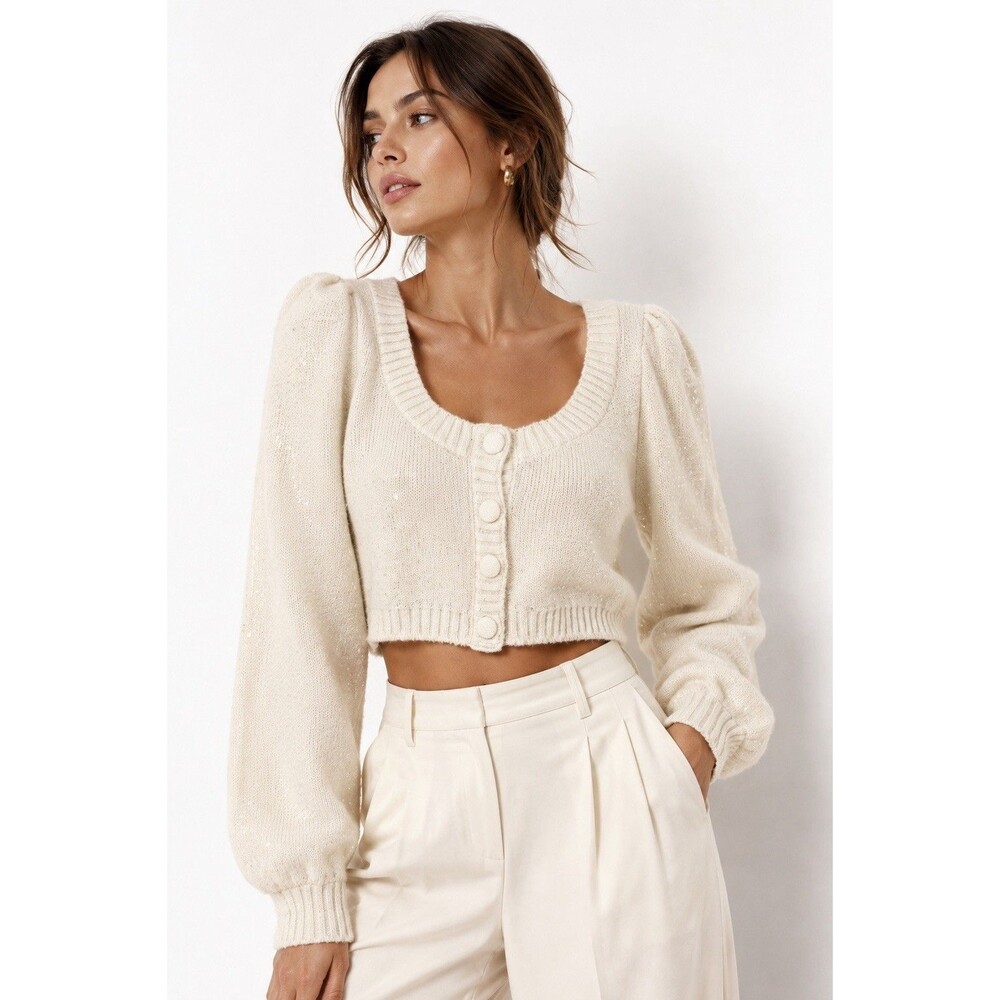 For Love & Lemons Odette Glitter Mohair Knit Cropped Cardigan Ivory White S